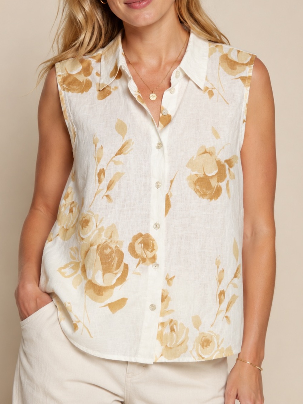 100% Irish Linen Sleeveless Floral Button Front Blouse Women’s Large Edward